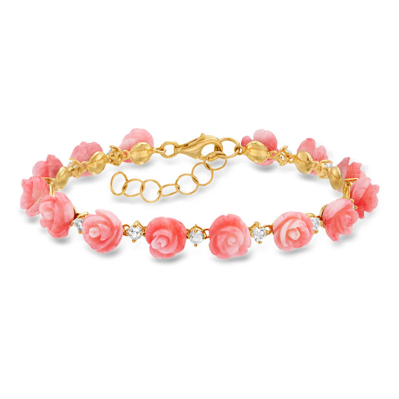 Pink Coral and 1.30 ct. t.w. White Topaz Rose Bracelet in 18kt Gold Over Sterling image number 0