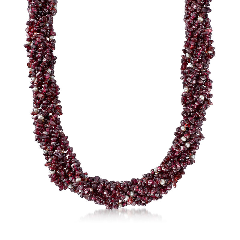 860.00 ct. t.w. Garnet and 3.5-4mm Cultured Pearl Torsade Necklace with 18kt Gold Over Sterling image number 0