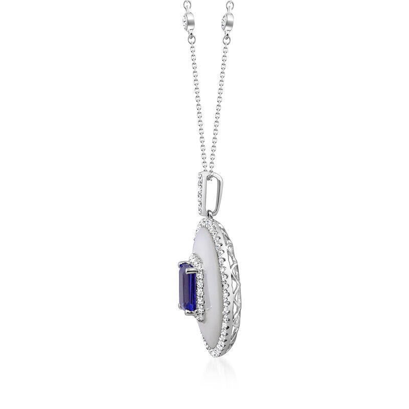1.70 Carat Tanzanite, 8.50 Carat White Chalcedony and .79 ct. t.w. Diamond Pendant Necklace in 14kt White Gold. 18" image number 1