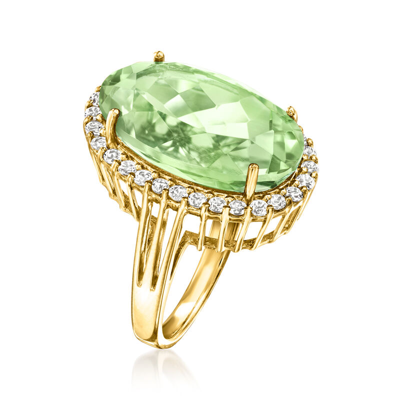 14.00 Carat Prasiolite and .90 ct. t.w. White Topaz Ring in 18kt Gold Over Sterling image number 2