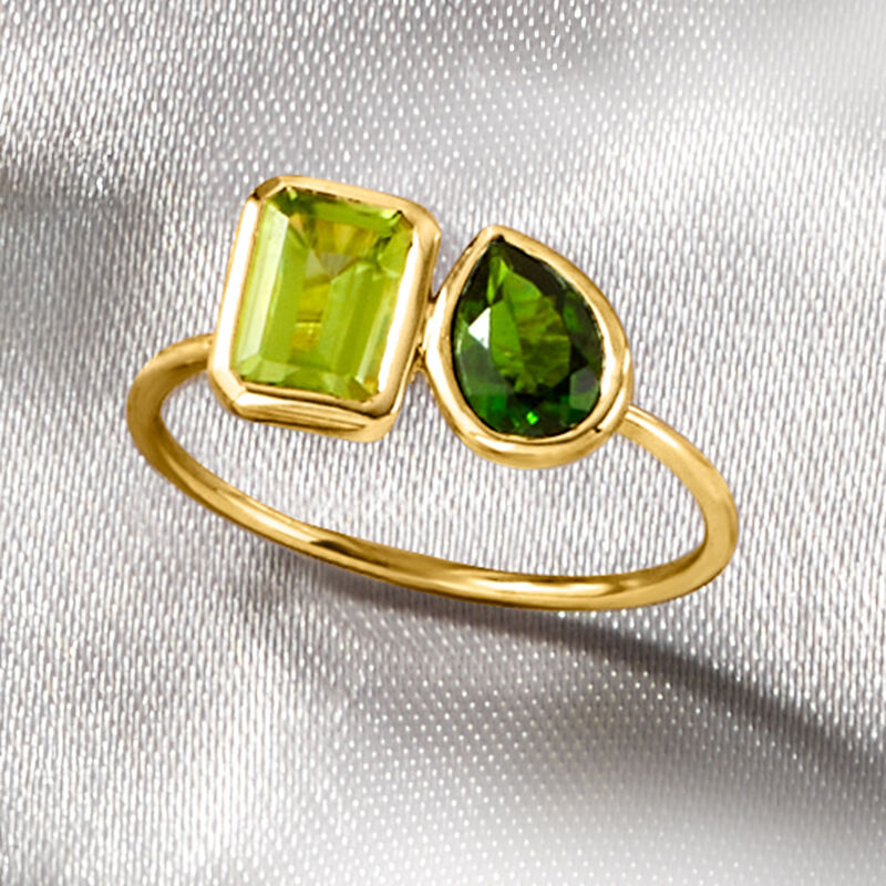 .90 Carat Peridot and .50 Carat Chrome Diopside Toi et Moi Ring in 14kt Yellow Gold image number 3