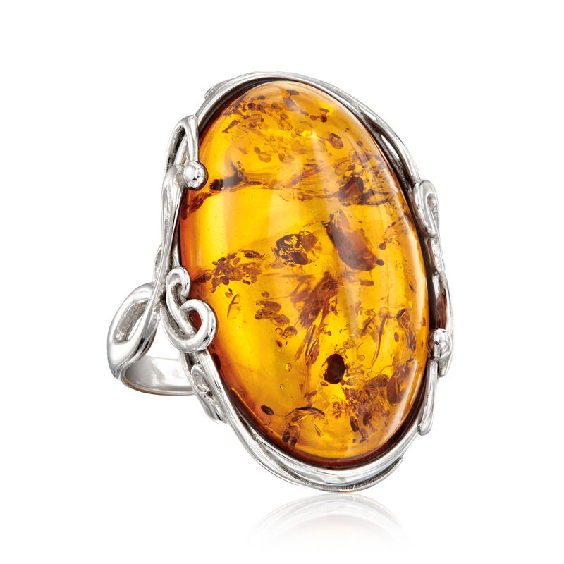 Orange Amber Ring in Sterling Silver image number 3