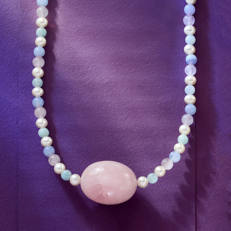80.00 Carat Rose Quartz and 37.00 ct. t.w. Pastel Multi-Gemstone Bead Necklace with 6-6.5mm Cultured Pearls in 18kt Gold Over Sterling. 16" image number 2