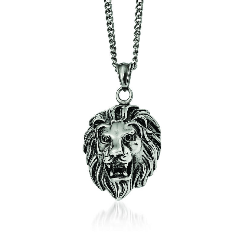 Stainless Steel Antiqued and Polished Lion Head Pendant Necklace. 24&quot; image number 0