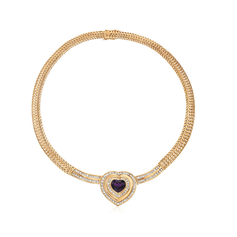 C. 1980 Vintage 7.30 Carat Heart-Shaped Amethyst and 4.25 ct. t.w. Diamond Necklace in 18kt Yellow Gold. 18.5&quot; image number 1