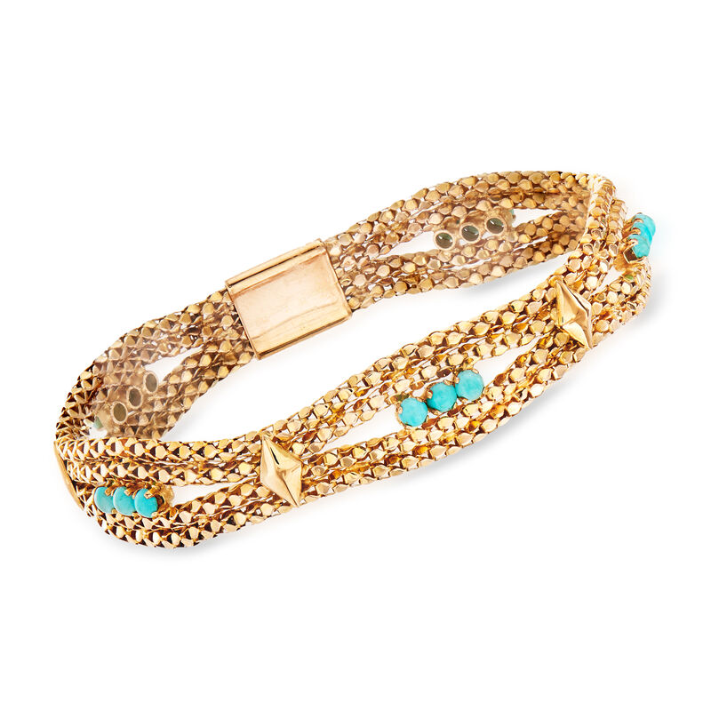C. 1970 Vintage Turquoise and Mesh Bracelet in 18kt Yellow Gold. 7.75&quot; image number 0