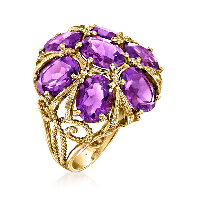 C. 1980 Vintage 7.20 ct. t.w. Amethyst Cluster Ring in 14kt Yellow Gold image number 2