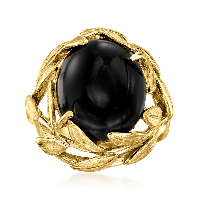 C. 1960 Vintage Onyx Leaves Ring in 14kt Yellow Gold. Size 7 image number 0