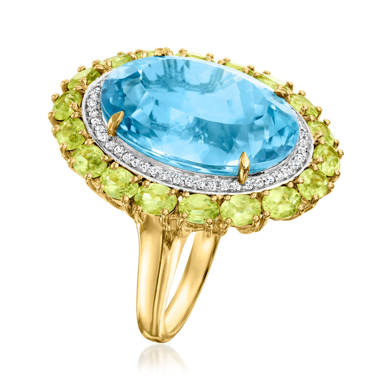 20.00 Carat Swiss Blue Topaz Ring with 3.20 ct. t.w. Peridots and .30 ct. t.w. White Topaz in 18kt Gold Over Sterling image number 2