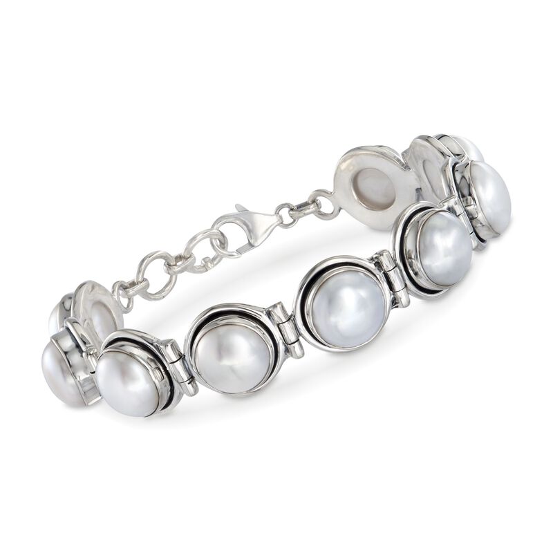 11mm Cultured Pearl Link Bracelet in Sterling Silver. 7.25&quot; image number 0