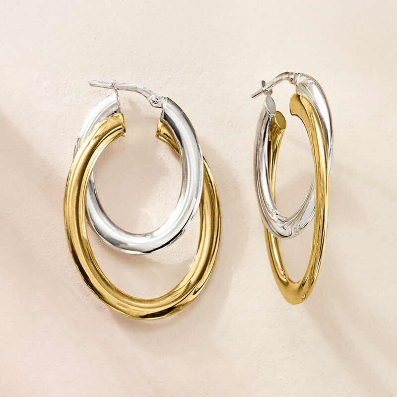 Italian Sterling Silver and 18kt Gold Over Sterling Double-Hoop Earrings. 1 5/8" image number 2