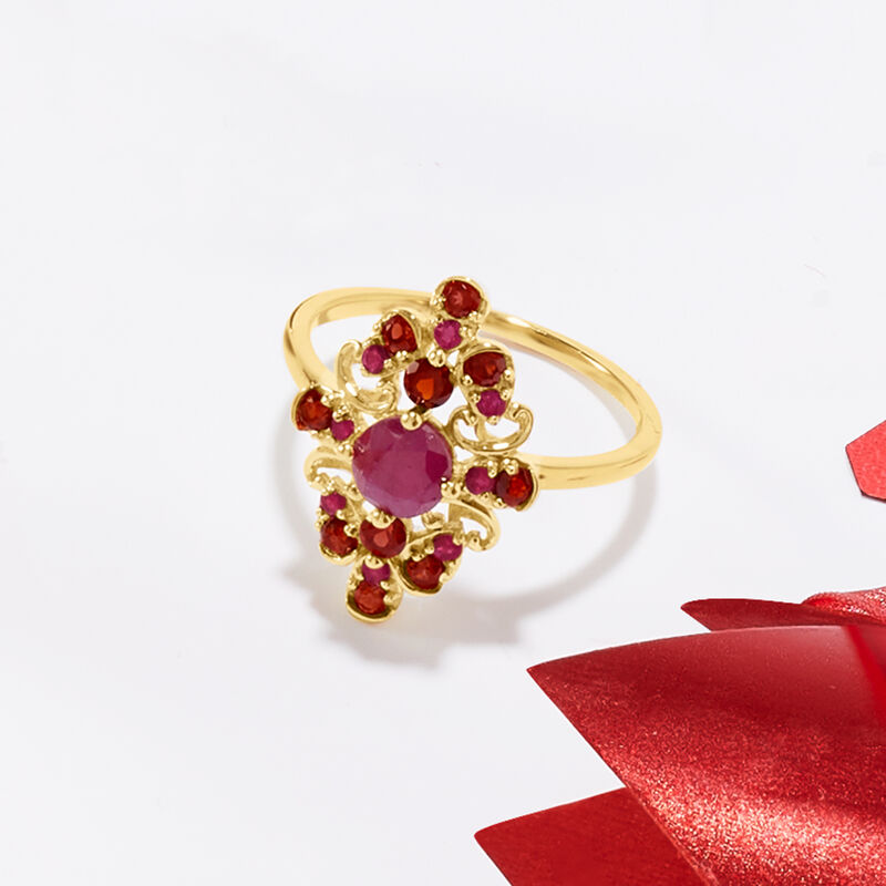 .90 ct. t.w. Ruby and .50 ct. t.w. Garnet Ring in 14kt Yellow Gold image number 3