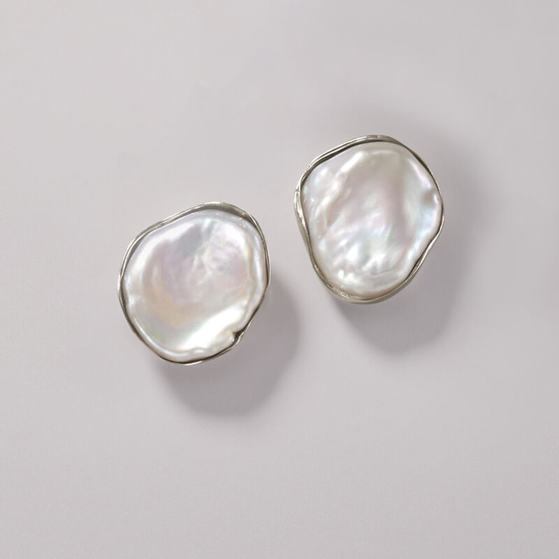 13-14mm Bezel-Set Cultured Keshi Pearl Earrings in Sterling Silver image number 2
