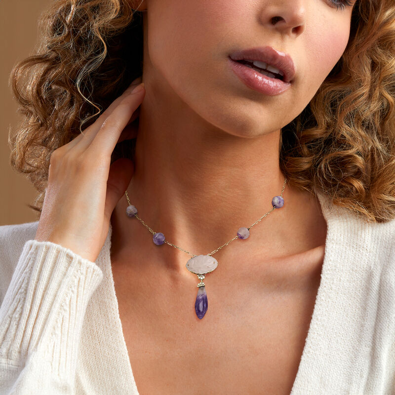 C. 1950 Vintage 23.00 ct. t.w. Amethyst and 7.00 Carat Rose Quartz Necklace in 14kt Yellow Gold. 15" image number 1