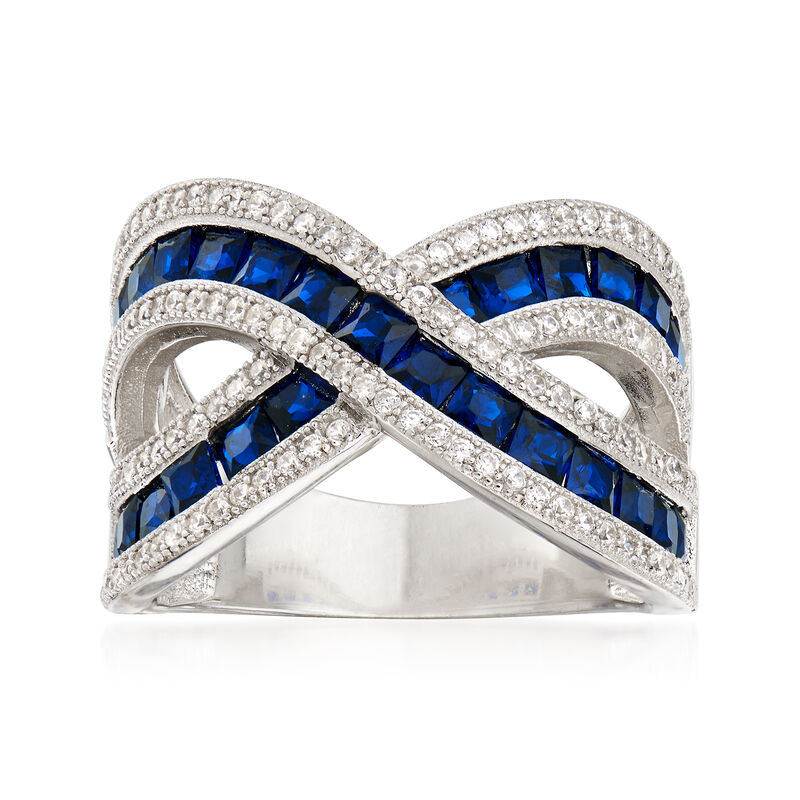 2.70 ct. t.w. Synthetic Blue Spinel and 1.05 ct. t.w. CZ Crisscross Ring in Sterling Silver image number 0