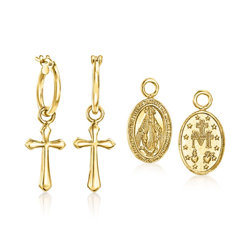 Italian 18kt Gold Over Sterling Jewelry Set: Hoop Earrings and Two Pairs of Interchangeable Religious Drops image number 0