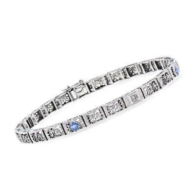 C. 1960 Vintage .25 ct. t.w. Synthetic Sapphire Filigree Bracelet with Single Diamond in Platinum and 14kt White Gold