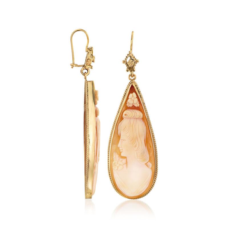 C. 1970 Vintage Brown Shell Cameo Teardrop Earrings in 14kt Yellow Gold image number 0