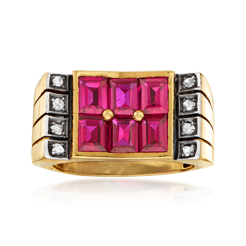 C. 1950 Vintage 2.70 ct. t.w. Synthetic Ruby and .12 ct. t.w. Diamond Ring in 18kt Yellow Gold. Size 8.5 image number 0