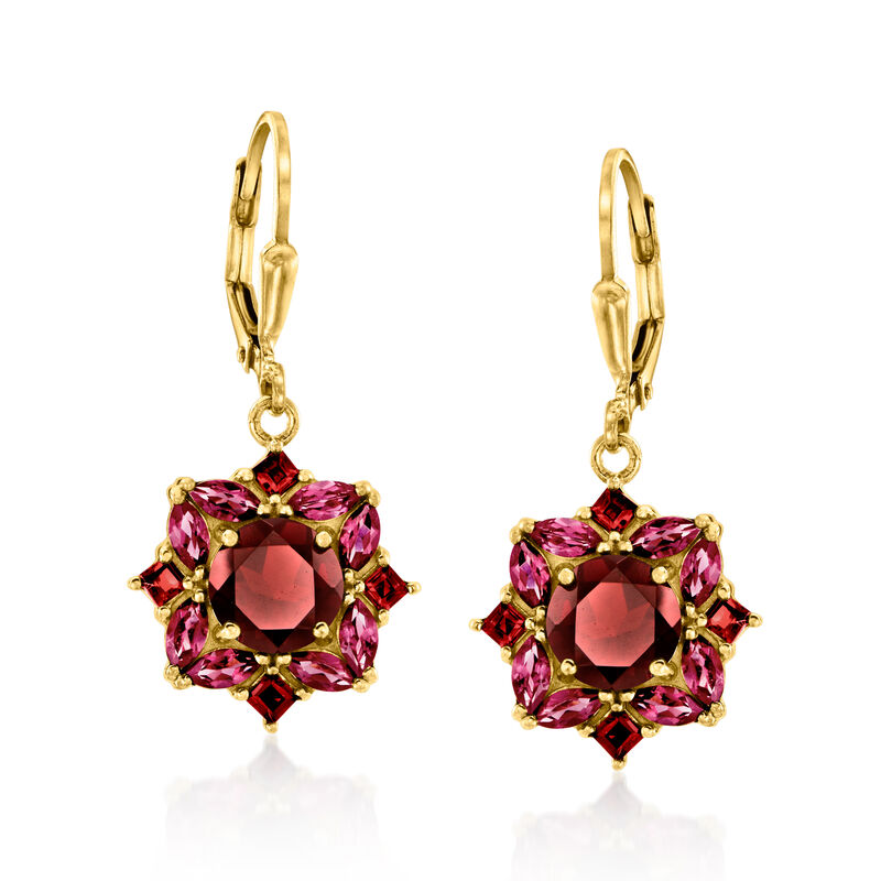 4.00 ct. t.w. Garnet and 1.60 ct. t.w. Rhodolite Garnet Drop Earrings in 18kt Gold Over Sterling image number 0