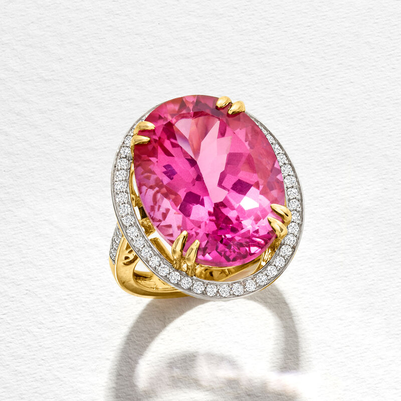 20.00 Carat Pink Topaz and .52 ct. t.w. Diamond Ring in 14kt Yellow Gold image number 7