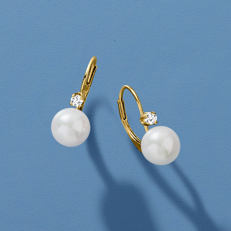 7-7.5mm Cultured Akoya Pearl Drop Earrings with .10 ct. t.w. Diamonds in 14kt Yellow Gold  image number 3