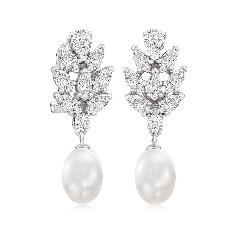 8-8.5mm Cultured Pearl and 3.30 ct. t.w. CZ Drop Earrings in Sterling Silver image number 2