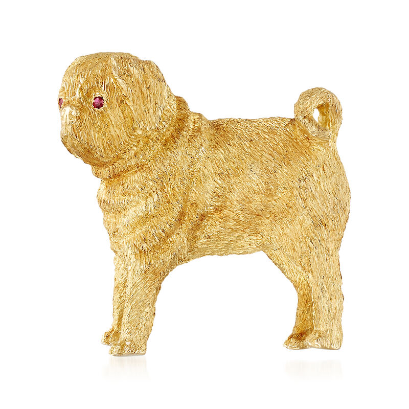C. 1970 Vintage 18kt Yellow Gold Pug Pin with Ruby Accents image number 0