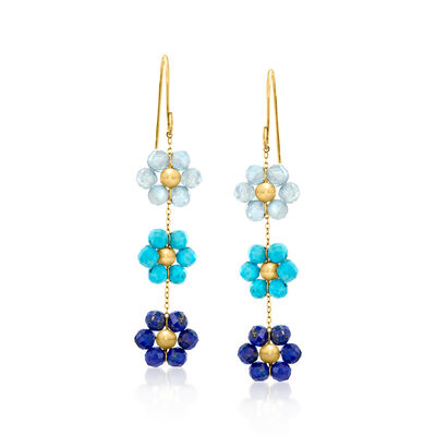 Multi-Gemstone Bead Flower Drop Earrings in 14kt Yellow Gold