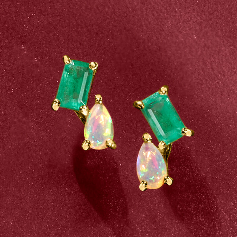 Opal and .40 ct. t.w. Emerald Toi et Moi Earrings in 14kt Yellow Gold  image number 2