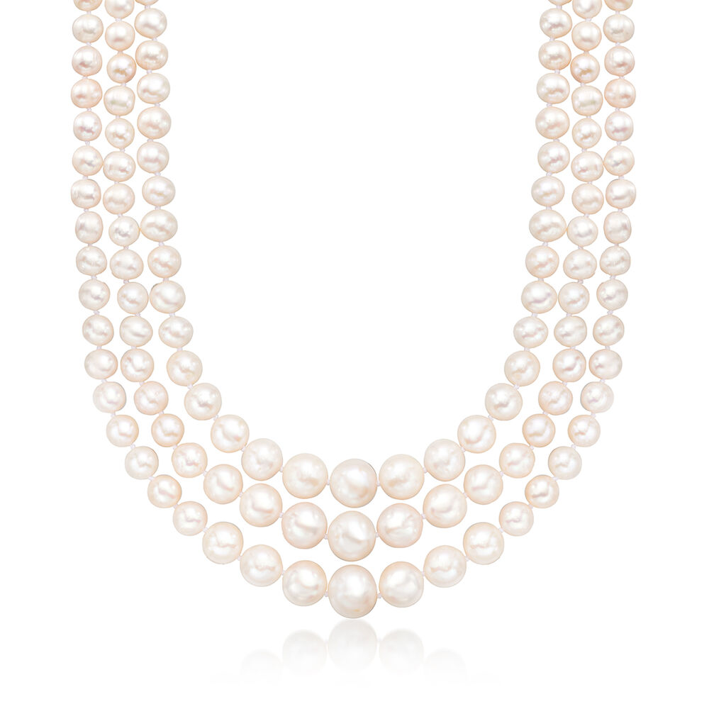 6-11.5mm Cultured Pearl Graduated Three-Strand Necklace with 14kt Yellow Gold