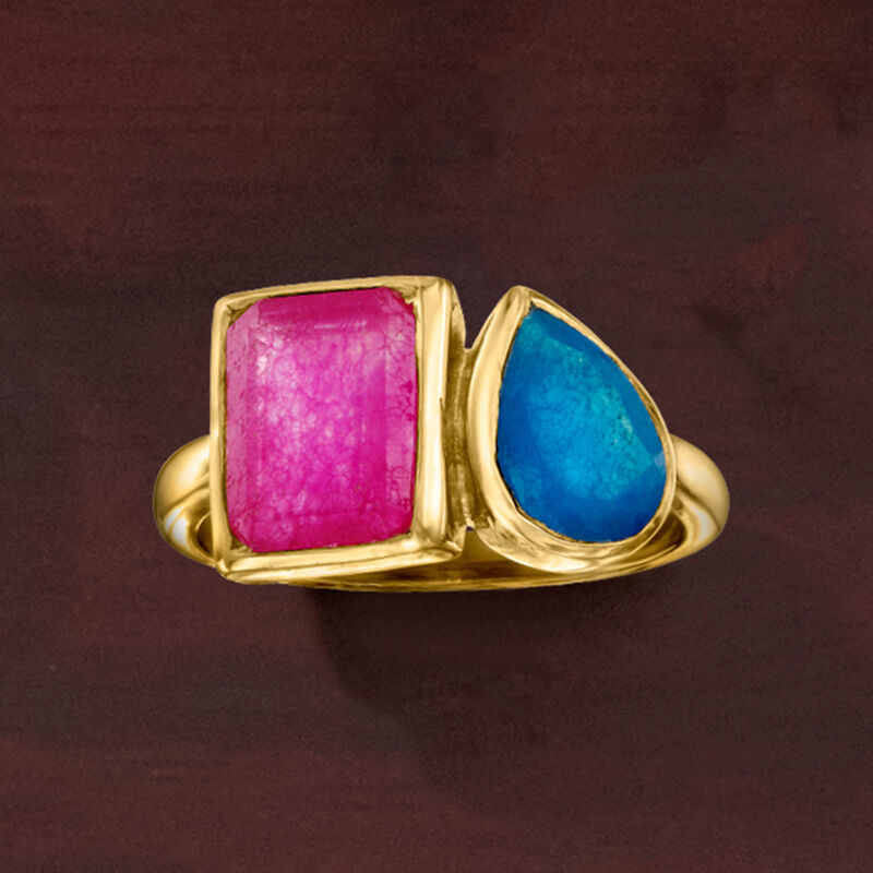 2.10 Carat Pink Quartz and 1.10 Carat Blue Quartz Toi et Moi Ring in 18kt Gold Over Sterling image number 3