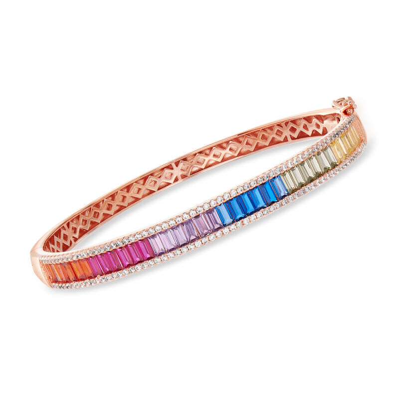 2.60 ct. t.w. Multicolored Simulated Sapphire and 1.00 ct. t.w. CZ Bangle Bracelet in 18kt Rose Gold Over Sterling Silver image number 0