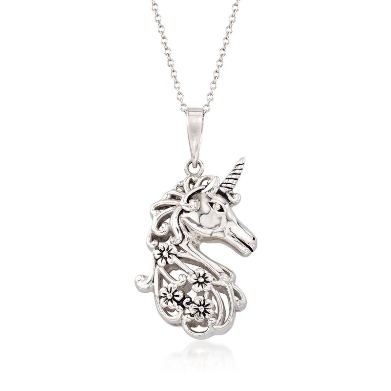 Sterling Silver Unicorn Pendant Necklace with Black Enamel image number 0