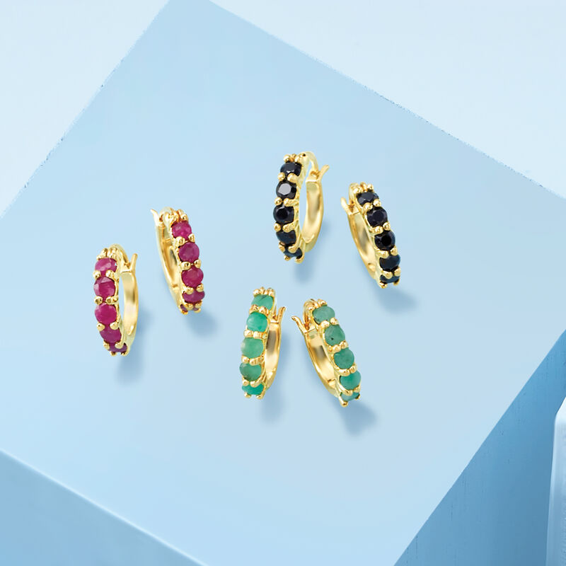 2.60 ct. t.w. Ruby, Emerald and Sapphire Jewelry Set: Three Pairs of Huggie Hoop Earrings in 18kt Gold Over Sterling image number 8
