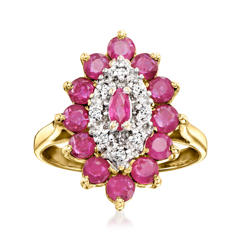C. 1980 Vintage 1.93 ct. t.w. Ruby Marquise-Shaped Ring with Diamond Accents in 14kt Yellow Gold image number 0