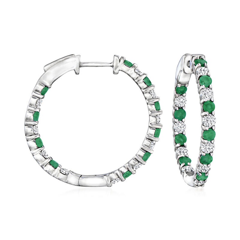 1.00 ct. t.w. Diamond and 1.00 ct. t.w. Emerald Inside-Outside Hoop Earrings in Sterling Silver. 1&quot; image number 0