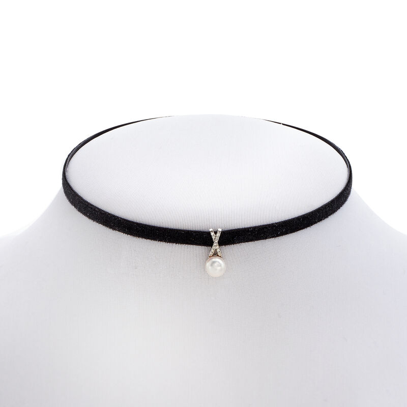 7-7.5mm Cultured Pearl and Diamond Pendant Choker Necklace with Sterling Silver and Black Velvet Cord. 13&quot; image number 2