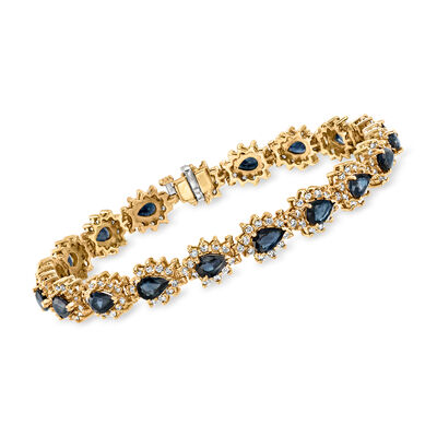 C. 1980 Vintage 10.45 ct. t.w. Sapphire and 3.10 ct. t.w. Diamond Bracelet in 14kt Yellow Gold