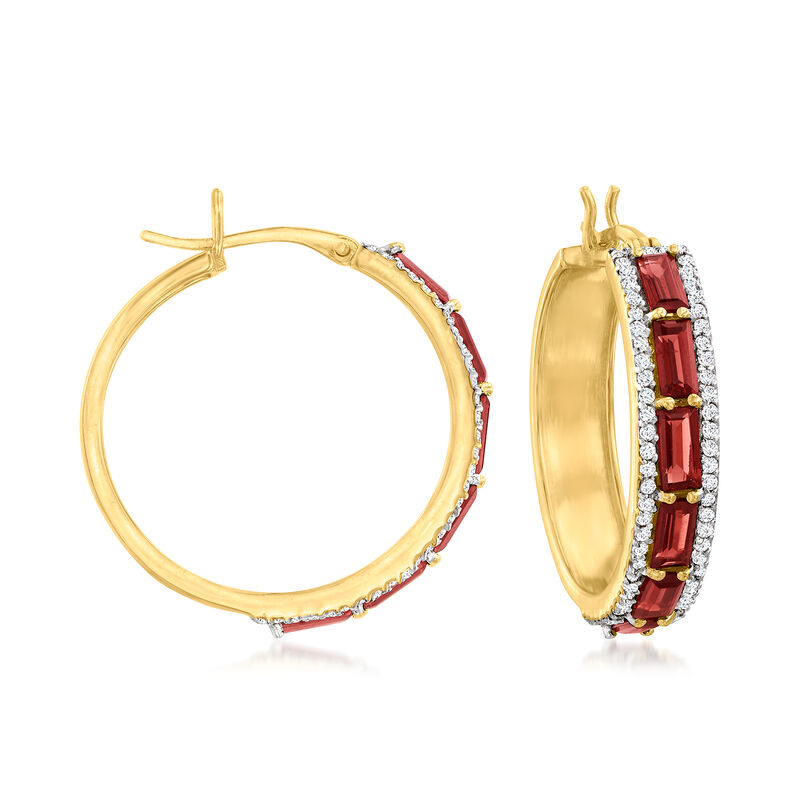 4.20 ct. t.w. Garnet and 1.40 ct. t.w. White Zircon Hoop Earrings in 18kt Gold Over Sterling. 1 1/4&quot; image number 0