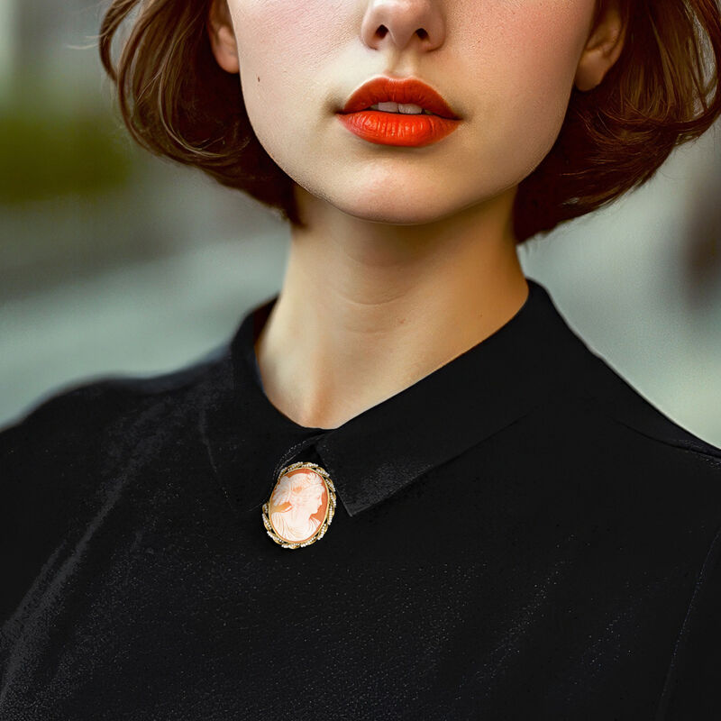 C. 1970 Vintage Orange Shell Cameo Pin/Pendant with Seed Pearls in 10kt Yellow Gold image number 2