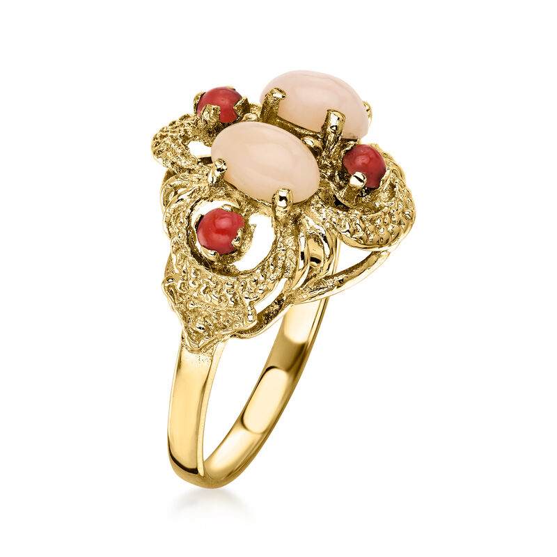 C. 1960 Vintage Pink and Red Coral Ring in 14kt Yellow Gold. Size 5 image number 2