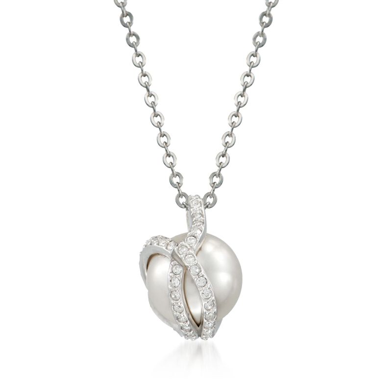 Swarovski Crystal &quot;Nude&quot; 8-10mm Simulated Pearl and Crystal Jewelry Set: Earrings and Necklace in Silvertone. 14.7&quot; image number 4