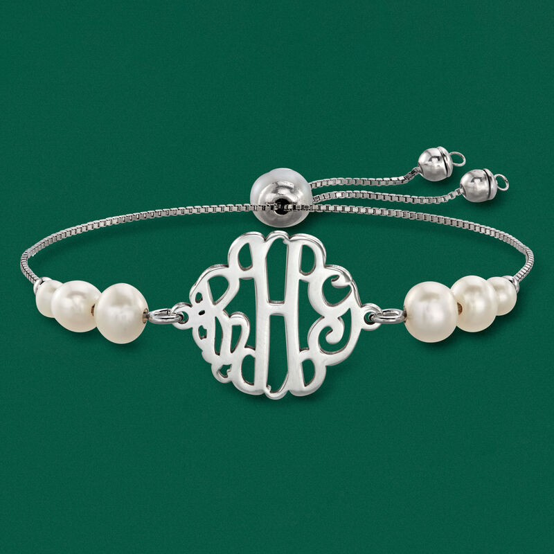 4-7.5mm Cultured Pearl Personalized Monogram Bolo Bracelet in Sterling Silver image number 3