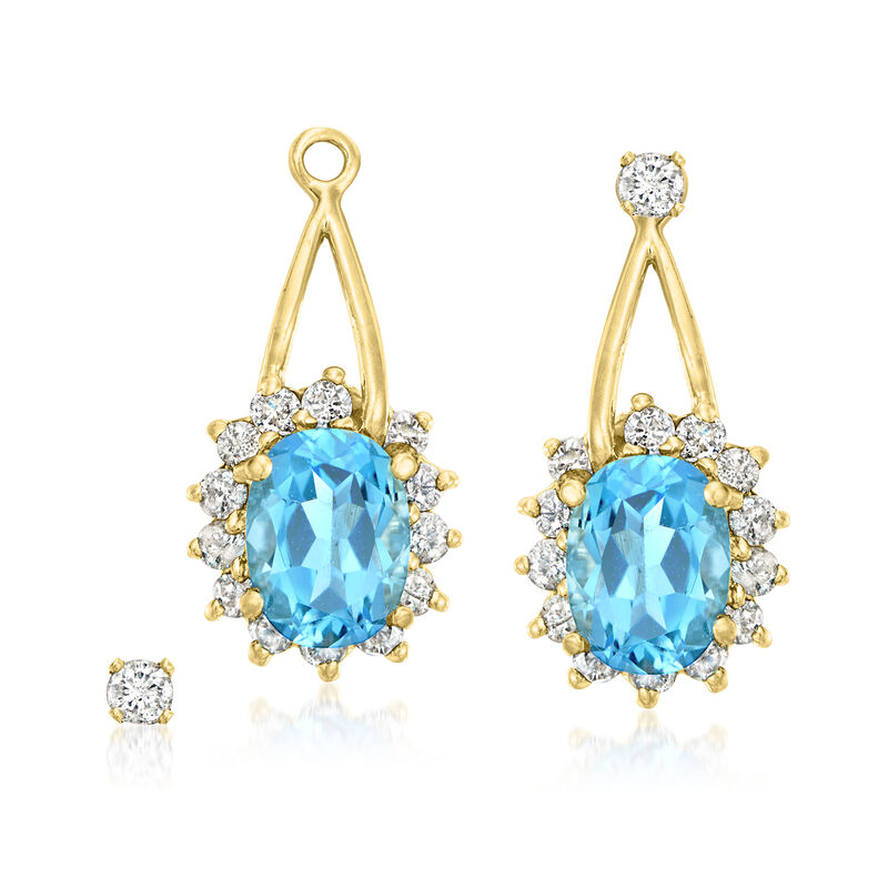 C. 1990 Vintage 3.30 ct. t.w. Swiss Blue Topaz and .90 ct. t.w. Diamond Convertible Drop Earrings in 14kt Yellow Gold  image number 0