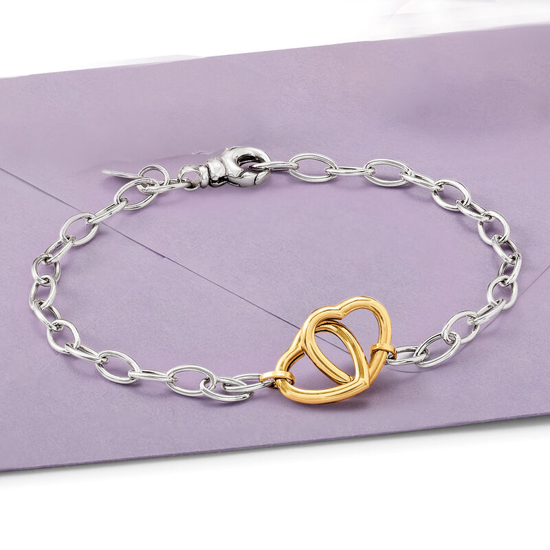 Italian 14kt Yellow Gold and Sterling Silver Interlocking Heart Bracelet image number 2