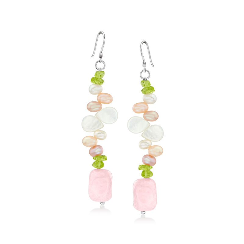 Mother-of-Pearl and 40.00 ct. t.w. Rose Quartz Drop Earrings with 5.50 ct. t.w. Peridot and 4-5mm Multicolored Cultured Pearls in Sterling Silver  image number 0