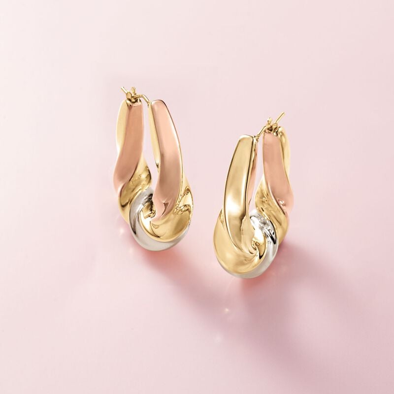Italian Andiamo 14kt Tri-Colored Gold Over Resin Scalloped Hoop Earrings. 1 3/8&quot; image number 3