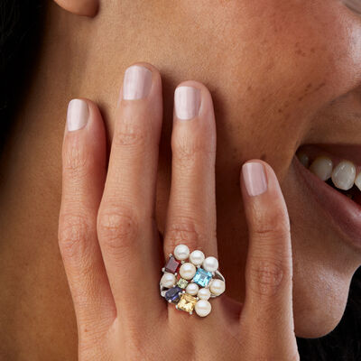 C. 2000 Vintage 4.5-5mm Cultured Pearl and 2.77 ct. t.w. Multi-Gemstone Ring in Sterling Silver