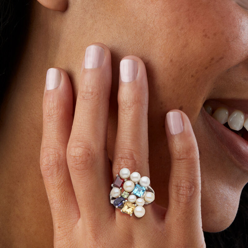 C. 2000 Vintage 4.5-5mm Cultured Pearl and 2.77 ct. t.w. Multi-Gemstone Ring in Sterling Silver. Size 7.5 image number 1